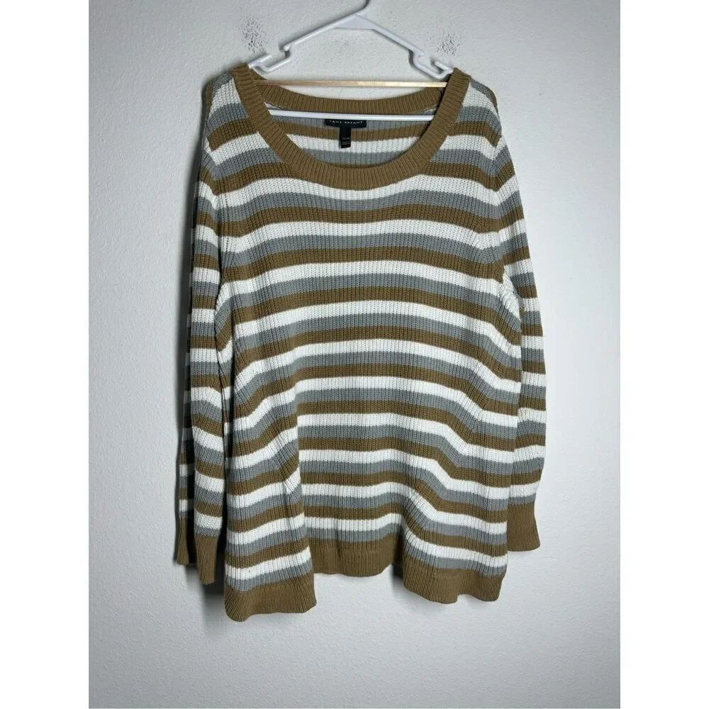 Lane Bryant Women's Curved-Hem Ribbed Sweater Tan/Gray Sz 22/24 Cotton Blend